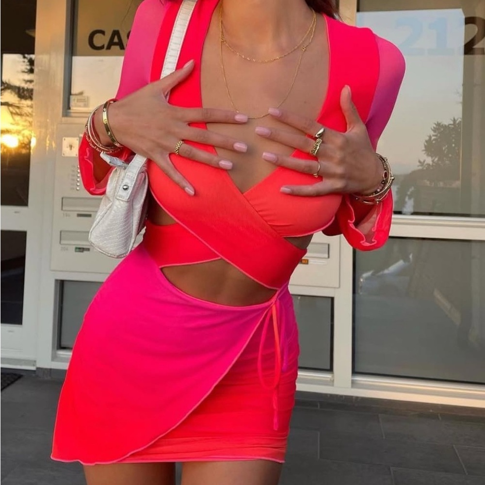 Tiger Mist Pink and Red Asymmetrical Bodycon Mini Dress